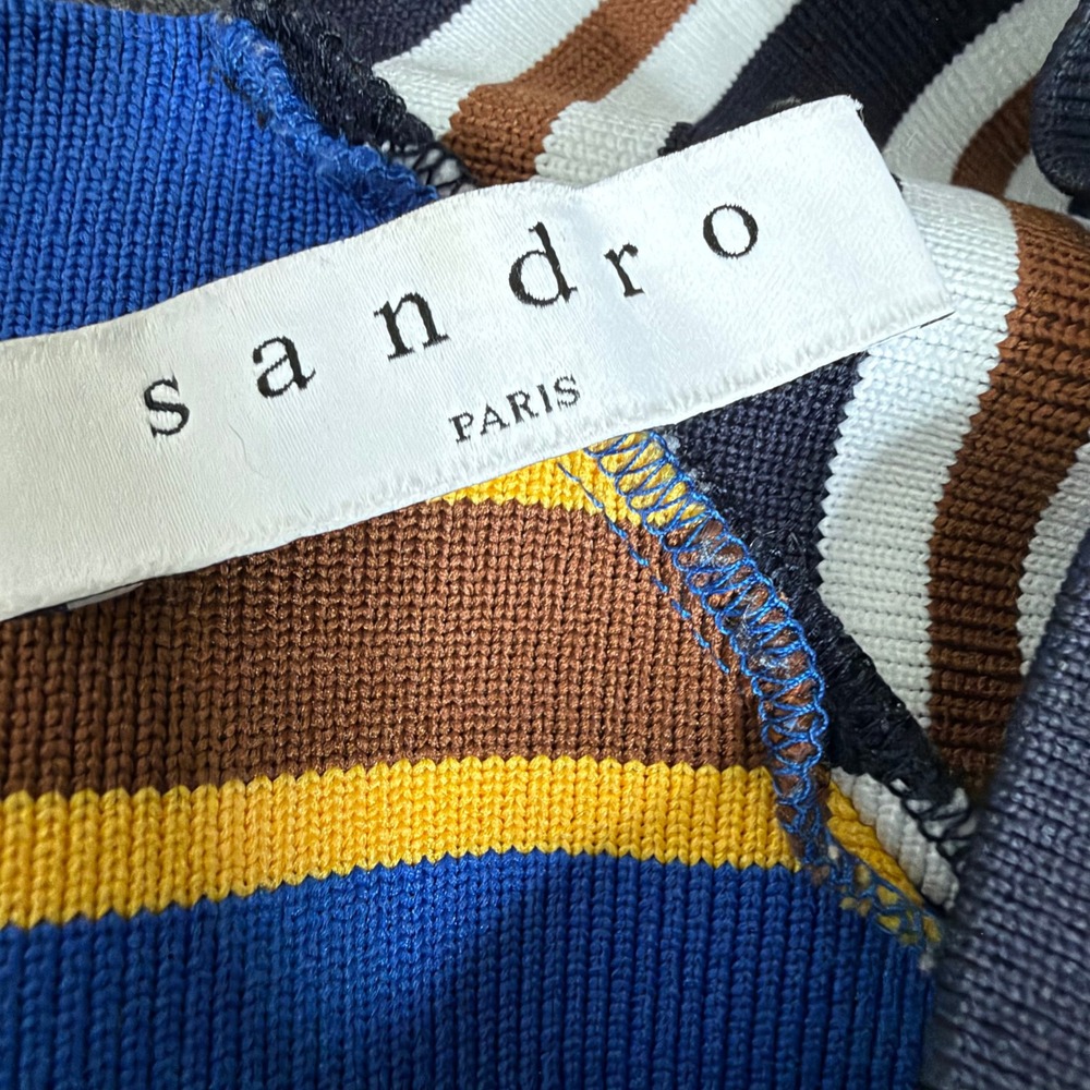 Sandro Nepeta Grey V-Neck Striped Asymmetrical Collar Sweater D313M Size 1 - Picture 5 of 10